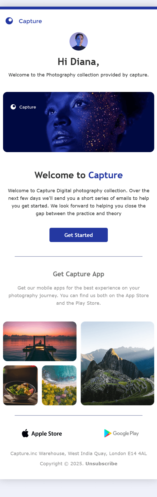 Welcome email template for Capture.
