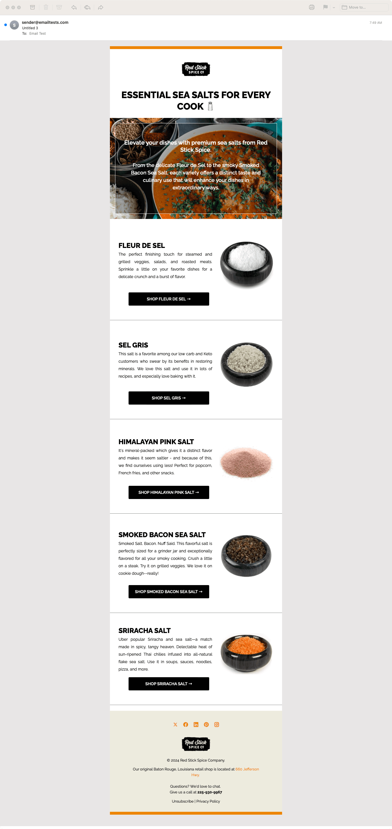 Promotional email suite for Red Stick Spice.