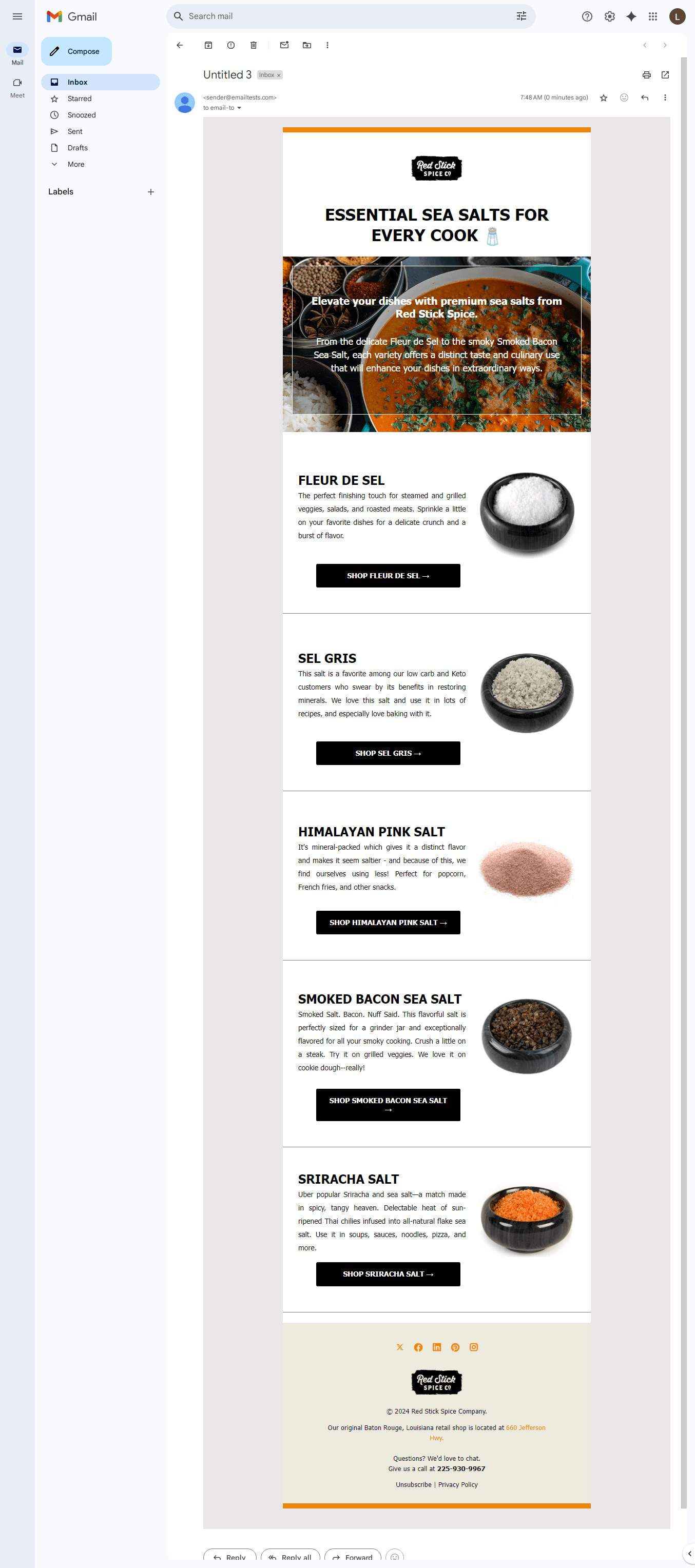 Promotional email suite for Red Stick Spice.