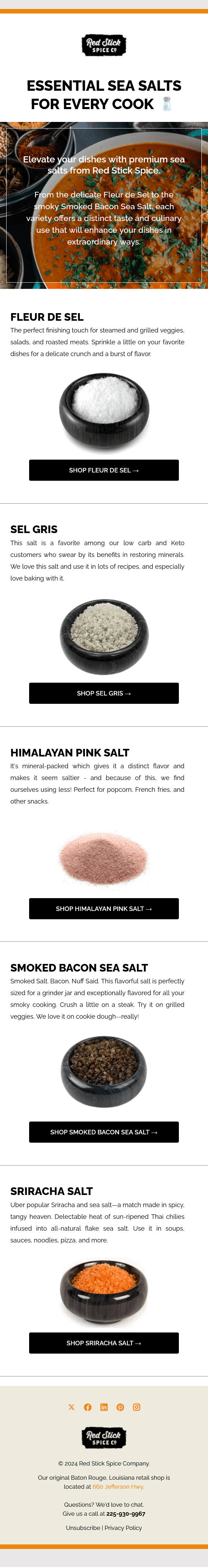 Promotional email suite for Red Stick Spice.