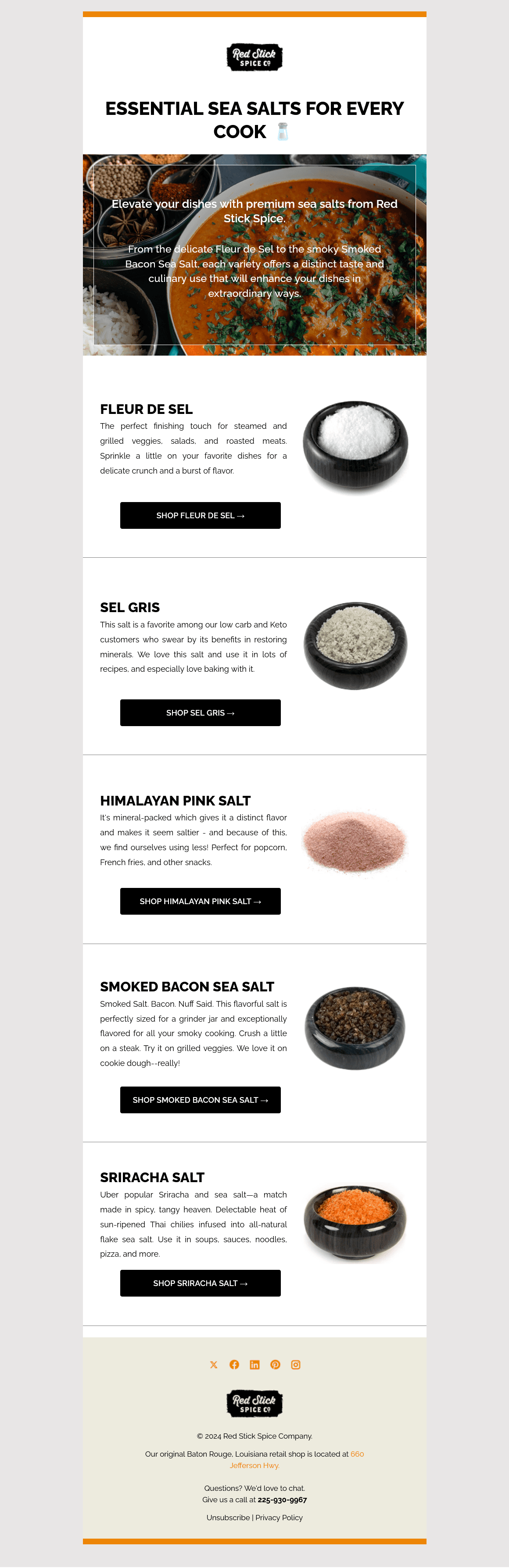 Promotional email suite for Red Stick Spice.